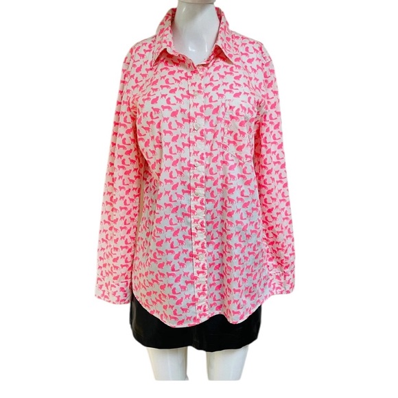 GAP | Neon Pink Novelty Cat Print Women’s Boyfriend Button Down Shirt | L - Picture 5 of 7